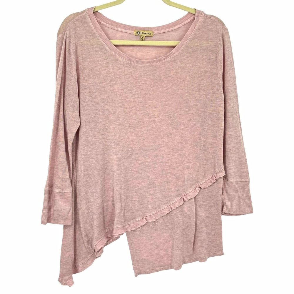 Democracy Women's Large Pink Asymmetrical Ruffle Hem Top 3/4 Sleeve Boho Tunic